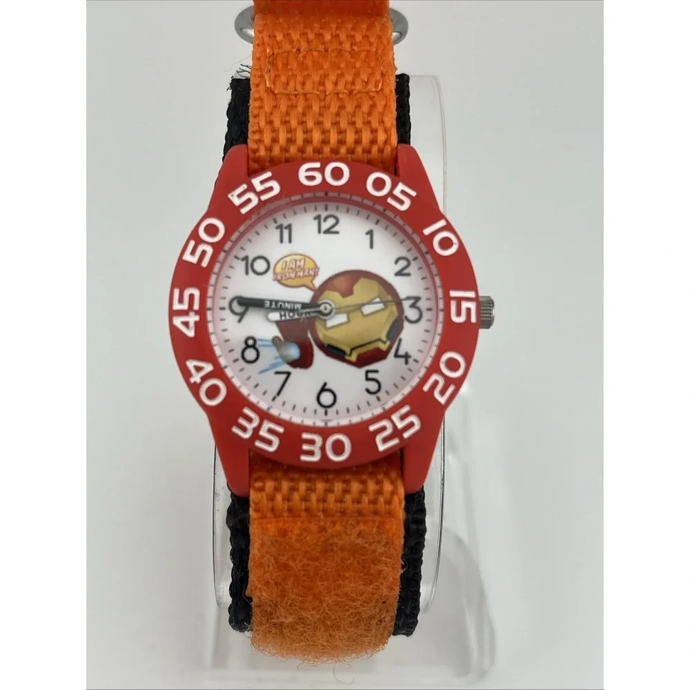 Marvel Emoji Ironman Kids Watch Time Teacher Orange/Black Nylon Band New Battery
